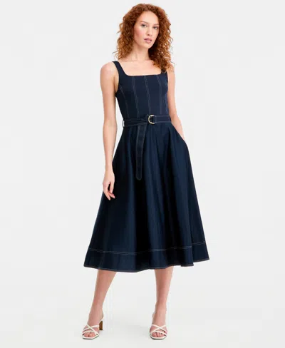 Tommy Hilfiger Contrast Stitch Belted Midi Dress In Blue