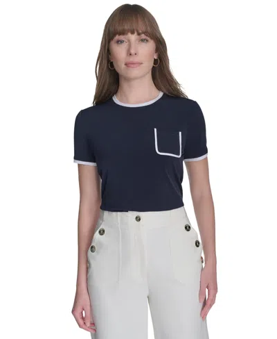 Tommy Hilfiger Women's Contrast-trim Crewneck Top In Midnight,ivory