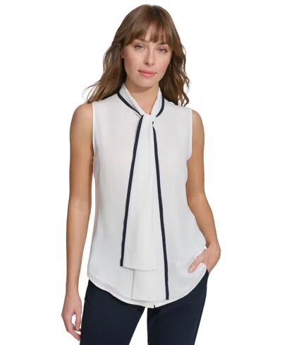 Tommy Hilfiger Women's Contrast-trim Tie-neck Blouse In Ivory,midnight
