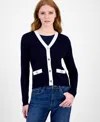 Tommy Hilfiger Women's Contrast Trim V-neck Button-front Cardigan In Blue