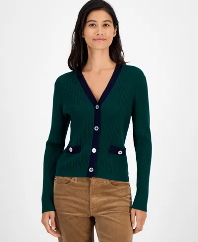 Tommy Hilfiger Women's Contrast Trim V-neck Button-front Cardigan In Green