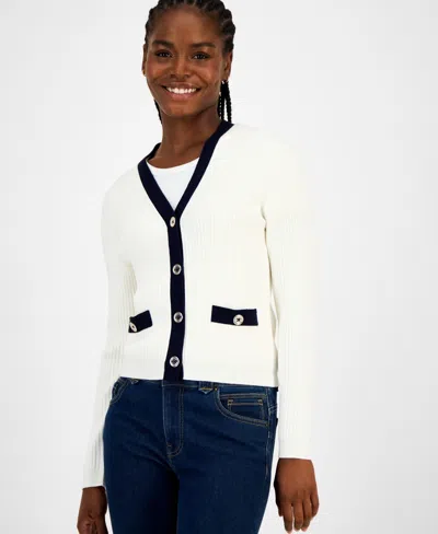 Tommy Hilfiger Women's Contrast Trim V-neck Button-front Cardigan In White