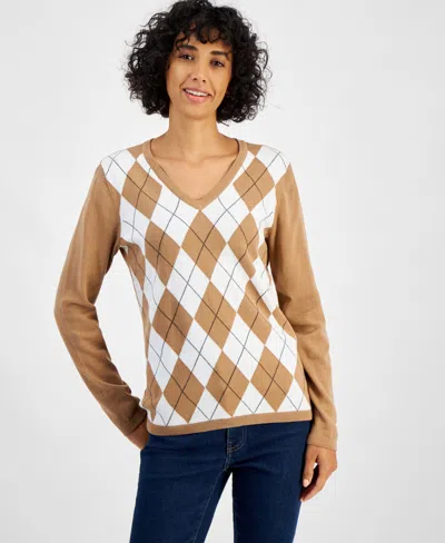 Tommy Hilfiger Women's Cotton Argyle V-neck Sweater In Brwn Sugar