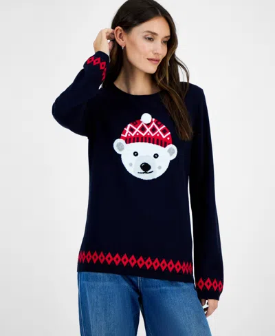Tommy Hilfiger Women's Cotton Beanie Bear Crewneck Sweater In Black