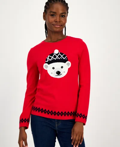Tommy Hilfiger Women's Cotton Beanie Bear Crewneck Sweater In Red