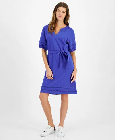 Tommy Hilfiger Women's Cotton Belted Puff-sleeve Dress In Provence