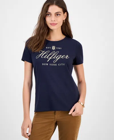 Tommy Hilfiger Women's Cotton-blend Embroidered Logo T-shirt In Blue