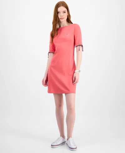 Tommy Hilfiger Women's Cotton Boat-neck Tie-sleeve Dress In Pink