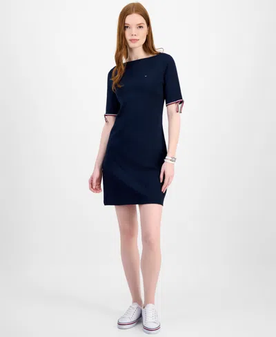 Tommy Hilfiger Women's Cotton Boat-neck Tie-sleeve Dress In Blue