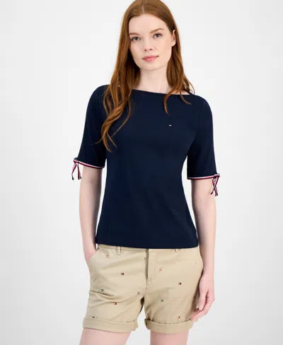 Tommy Hilfiger Women's Cotton Boat-neck Tie-sleeve T-shirt In Blue