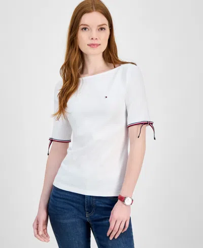 Tommy Hilfiger Women's Cotton Boat-neck Tie-sleeve T-shirt In White