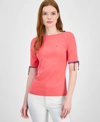 Tommy Hilfiger Women's Cotton Boat-neck Tie-sleeve T-shirt In Pink