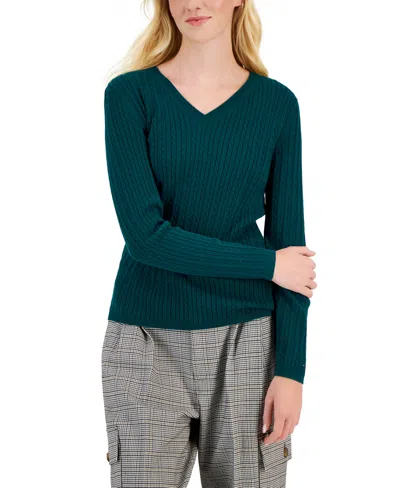 Tommy Hilfiger Women's Cotton Cable Ivy V-neck Sweater In Forest