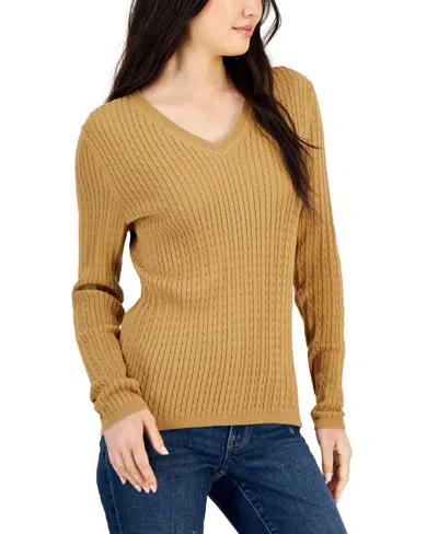 Tommy Hilfiger Women's Cotton Cable Ivy V-neck Sweater In Lt Fawn
