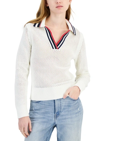 Tommy Hilfiger Women's Cotton Collared V-neck Mesh Sweater In White