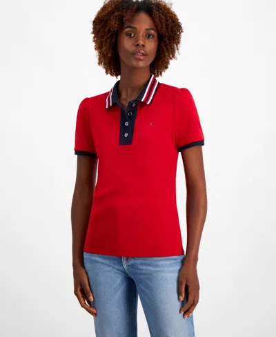 Tommy Hilfiger Women's Cotton Contrast Puff-sleeve Polo In Chili