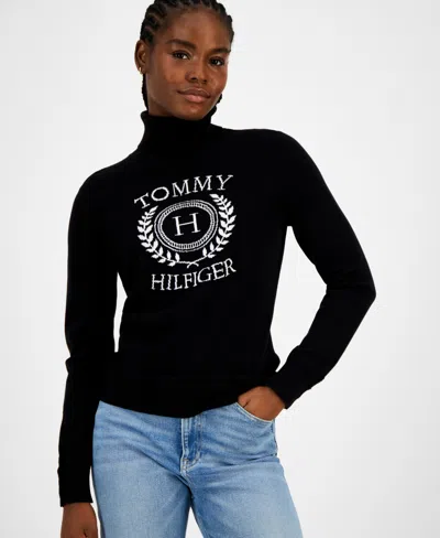 Tommy Hilfiger Women's Cotton Crest Turtleneck Sweater In Black