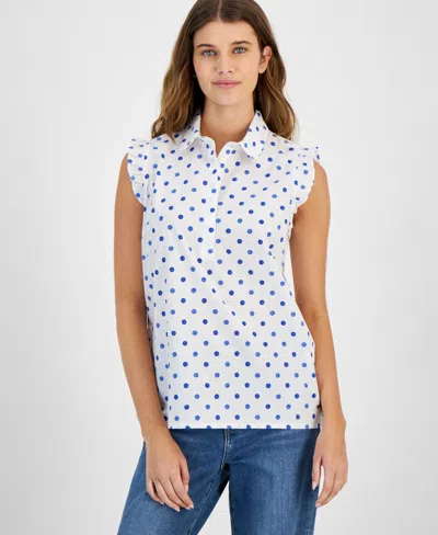 Tommy Hilfiger Women's Cotton Dot-print Ruffled-trim Top In Brght Wht