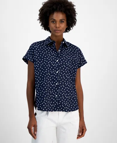 Tommy Hilfiger Women's Cotton Dot-print Short-sleeve Camp Shirt In Sky Captain,bright White