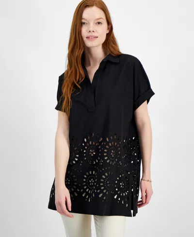 Tommy Hilfiger Women's Cotton Eyelet Popover Top In Black
