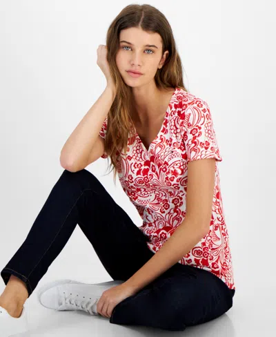 Tommy Hilfiger Women's Cotton Floral-print V-neck Top In Red