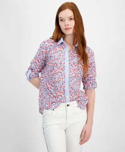 Tommy Hilfiger Women's Cotton Floral Roll-tab Shirt In Sky Cap,sc