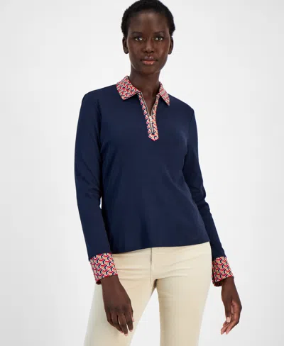 Tommy Hilfiger Plus Size Cotton Polo-collar Long-sleeve Top In Navy
