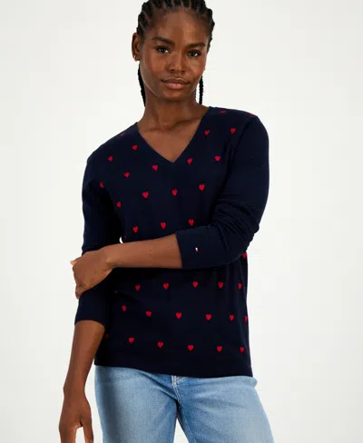 Tommy Hilfiger Women's Cotton Heart V-neck Sweater In Blue