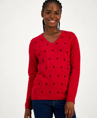 Tommy Hilfiger Women's Cotton Heart V-neck Sweater In Red