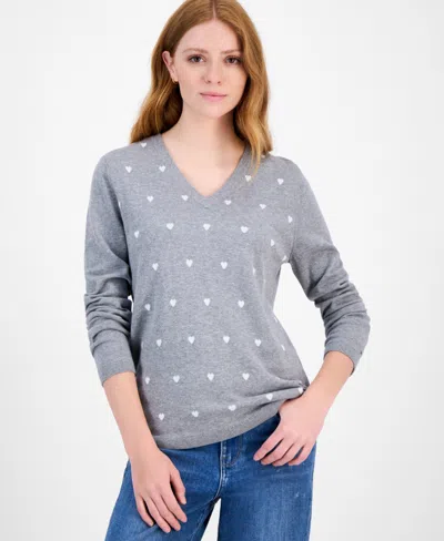 Tommy Hilfiger Women's Cotton Heart V-neck Sweater In Gray
