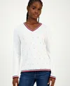 Tommy Hilfiger Women's Cotton Hotfix Cluster V-neck Sweater In White