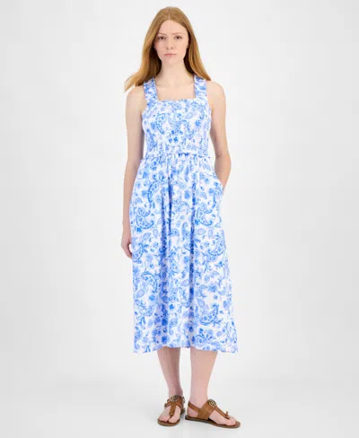 Tommy Hilfiger Women's Cotton Paisley-print Smocked-back Midi Dress