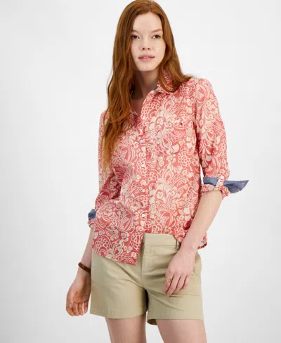 Tommy Hilfiger Women's Cotton Paisley Roll-tab Shirt In Minerl Red
