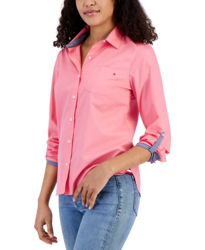 Tommy Hilfiger Women's Cotton Roll-tab Button-up Shirt In Peony