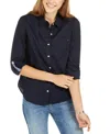 Tommy Hilfiger Plus Size Roll-tab-sleeve Button-down Emblem Shirt In Sky Captain