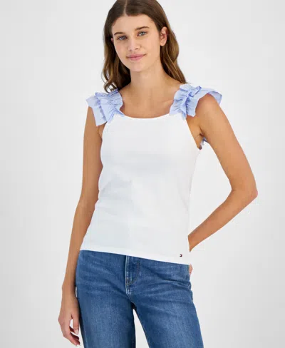 Tommy Hilfiger Women's Cotton Ruffle-strap Tank Top In Brt White