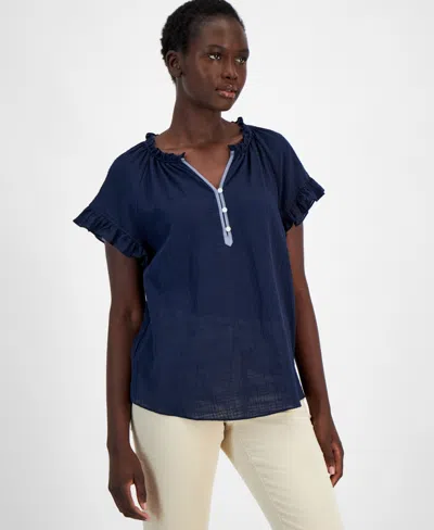Tommy Hilfiger Women's Cotton Ruffled Raglan-sleeve Top In Sky Capt