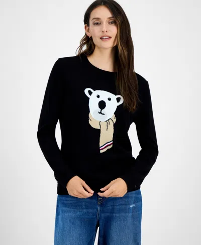 Tommy Hilfiger Women's Cotton Scarf Bear Crewneck Sweater In Black