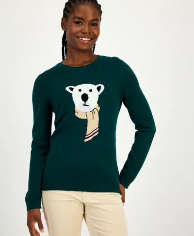 Tommy Hilfiger Women's Cotton Scarf Bear Crewneck Sweater In Green