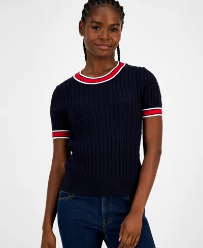 Tommy Hilfiger Women's Cotton Short-sleeve Cable Knit Sweater In Blue