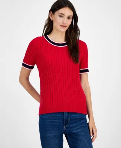 Tommy Hilfiger Women's Cotton Short-sleeve Cable Knit Sweater In Multi