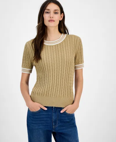 Tommy Hilfiger Women's Cotton Short-sleeve Cable Knit Sweater In Multi