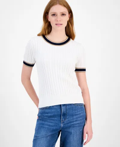 Tommy Hilfiger Women's Cotton Short-sleeve Cable Knit Sweater In Multi