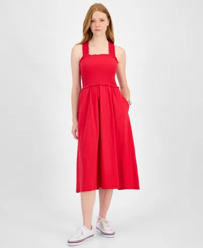 Tommy Hilfiger Women's Cotton Smocked Sleeveless Midi Dress