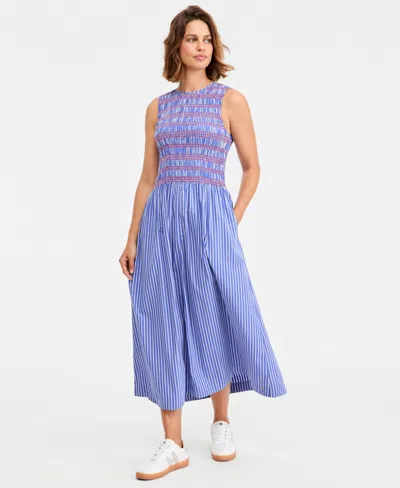 Tommy Hilfiger Women's Cotton Smocked Striped Maxi Dress In Multi