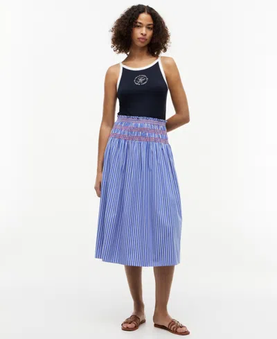 Tommy Hilfiger Women's Cotton Smocked Striped Midi Skirt In Smocking Stripe