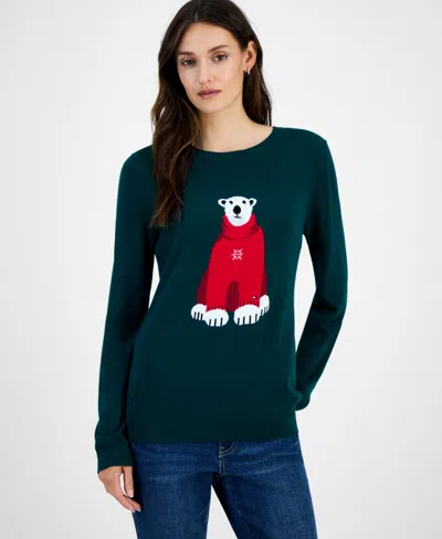 Tommy Hilfiger Women's Cotton Snowflake Bear Crewneck Sweater In Green
