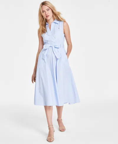 Tommy Hilfiger Women's Cotton Split-neck A-line Dress In Cornflower Blue,white