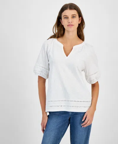 Tommy Hilfiger Women's Cotton Split-neck Puff-sleeve Top In Brt White