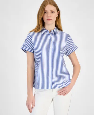 Tommy Hilfiger Women's Cotton Striped Cuffed-sleeve Shirt In Multi